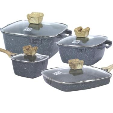 Imagem de Conjunto de Panelas Antiaderente com Revestimento em Mármore, 4 Peças, Cinza, Base para Indução, Tampas de Vidro