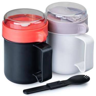 Imagem de MATICAN Caneca de sopa de micro-ondas com tampa, 2 recipientes para copos de sopa com tampa para macarrão Ramen, sopa, bebidas, seguro para micro-ondas, inclui garfo dobrável, 500 ml, vermelho/preto