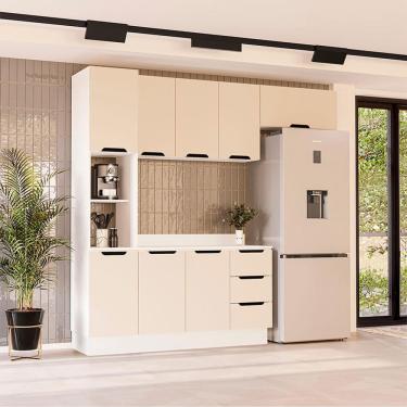 Imagem de Cozinha Completa com Tampo e Rodapé Meena 8 Portas 3 Gavetas Creme e Branca