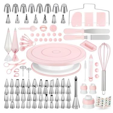 Imagem de Kootek Kit de decoração de bolo com 158 peças com toca-discos de bolo, 64 pontas de confeitar, 50 + 2 sacos de pastelaria, espátulas de cobertura, nivelador, raspadores, moldes de fondant e mais