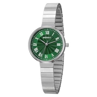 Imagem de BERNY Relógios femininos vintage prateados, relógio de pulso feminino delicado, analógicos de quartzo com aço inoxidável, pulseira de expansão patenteada 3ATM, índices romanos, moda presente de