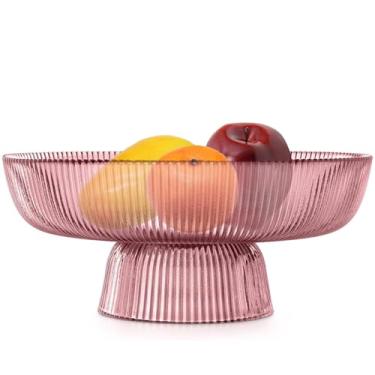 Imagem de Xeiwagoo Tigela de frutas de vidro, tigela decorativa de vidro grande, cesta decorativa de pedestal para decoração de mesa, cesta de frutas para decoração de balcão de cozinha (rosa)