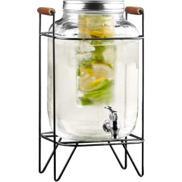 Imagem de Dispensador de bebidas em estilo Setter com jarra de vidro de capacidade de 7,6 litros, suporte de metal e spigot de acrílico à prova de vazamento, tampa de metal, ótimo para festas, casamentos e mais