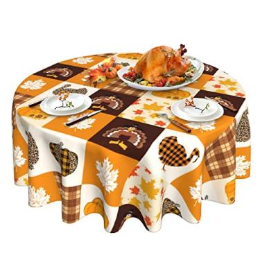 Imagem de Toalha de mesa de ação de graças, toalha de mesa redonda de peru de abóbora de folha de outono 152 cm, toalha de mesa xadrez de búfalo de outono para decoração de cozinha de casa de fazenda rústica, toalha
