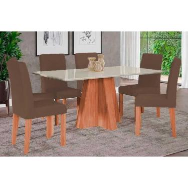 Imagem de Conjunto: Mesa de Cozinha Maitê Tampo Madeirado c/ Vidro 160x80cm e 6 Cadeiras Maia Cinamomo/Off White - Suede Mascavo Chocolate - Cimol