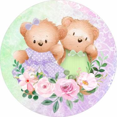 Imagem de Painel de Lona Redondo Ursinhos Laço Lilás e Verde Flores Aquarela - F