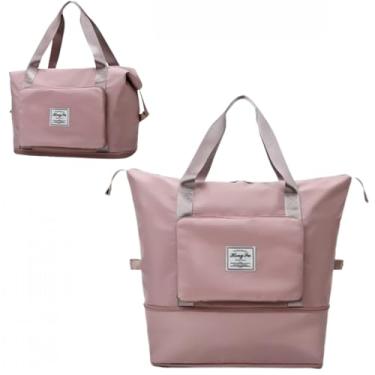 Imagem de Bolsa de Viagem Expansível Leve Dobrável com Alça Ajustável e Vários Bolsos, Grande Capacidade, Impermeável, Bolsa para Bagagem de Mão, Mala Esportiva de Academia Treino (ROSA)