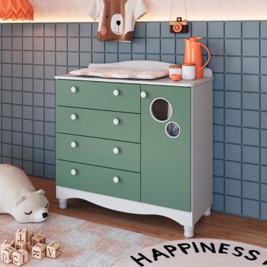 Imagem de Cômoda Infantil 4 Gavetas 1 Porta Encanto Branco e Verde Completa Móveis