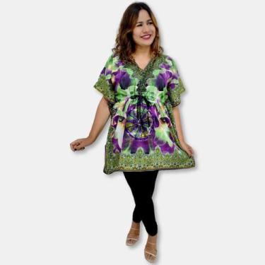 Imagem de Bata Kaftan Indiana Saída de Praia Estampa Rosas e Mandalas - Sarat Mo