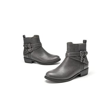 Imagem de VJH confort Botas femininas de cano curto, bico redondo, salto baixo, confortáveis com tira de fivela lateral com zíper, Cinza, 10