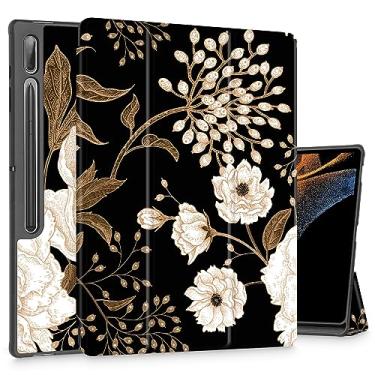 Imagem de Mektron Capa para Samsung Tab S9 Ultra 14,6 polegadas 2023 modelo X910/X916/X918, suporte de lápis embutido com função despertar/hibernar automática, suporte multi-ângulo para Galaxy Tab S9 Ultra de 14,6 polegadas, peônias e rosas