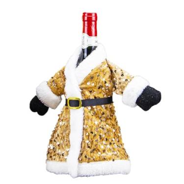 Imagem de Capa de garrafa de vinho de Natal, cobertura de garrafa de vinho de lantejoulas douradas de Natal, vestido de casaco de Papai Noel, decorações de champanhe para acessórios de mesa de festa de ano novo