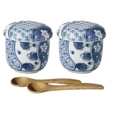 Imagem de Copos de cerâmica japonesa Chawan-mushi com tampa e colher 9 x 9 cm de altura, 17 ml, mino, flor de ameixa e padrão Shozui, conjunto de 2 do Japão (Umeshozui)