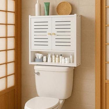 Imagem de ShellKingdom Armário de armazenamento sobre o vaso sanitário, armário de banheiro de parede estreito com portas e prateleira para toalha, armazenamento de papel higiênico, 42 x 37 x 18 cm