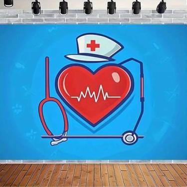 Imagem de Pano de fundo curvo de batimento cardíaco vermelho curvo tema médico boné de enfermeira e estetoscópio fotografia de fundo para médicos e enfermeiros decoração de festa de formatura banner (azul, 2,1