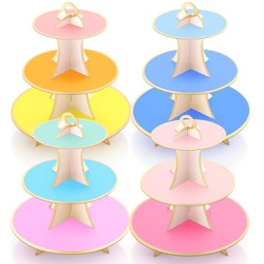 Imagem de LemonRoad Conjunto de 4 peças de suporte de cupcake de papelão colorido, suporte redondo de bolo de sobremesa de 3 camadas, bandeja decorativa para chá de aniversário, casamento, festas temáticas e