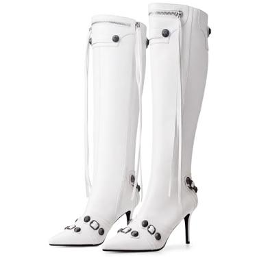 Imagem de VARECOLA Botas femininas de cano alto, bico fino, bico fino, cano alto, cano alto, cano alto, cano alto, cano alto, botas modernas, outono e inverno, Branco, 40