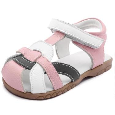 Imagem de Femizee Sandálias de verão femininas de couro genuíno macio com bico fechado princesa (infantil/criança pequena), Rosa 1552, 9 Toddler