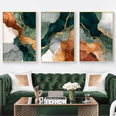 Imagem de Arte de parede em tela abstrata marrom ouro branco verde para sala de estar impressões abstratas em aquarela verde dourado pintura de mármore moderna em tela aquarela sálvia pintura moderna 40 x 61 cm