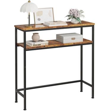 Imagem de Mesa de console de 2 andares, mesa de sofá estreita de 75 cm, mesa de entrada Samll com 2 prateleiras, mesa de sofá fina atrás, mesa de exibição, para corredor, corredor, escritório, marrom rústico