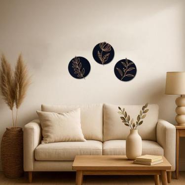 Imagem de Trio De Quadro Redondos Decoração Mdf Flor Folhagem 3D - PAPEL E PARED