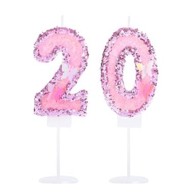 Imagem de Kinsynko Número 20 velas de lantejoulas rosa 20 velas de aniversário para princesas meninas 20º aniversário tema borboleta decorações de festa topo de bolo