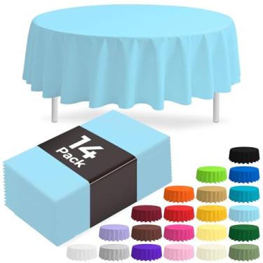 Imagem de JSQBSECL Pacote com 14 toalhas de mesa de plástico branco 137 cm x 274 cm toalha de mesa retangular descartável para festas (azul claro, 213 cm redonda)