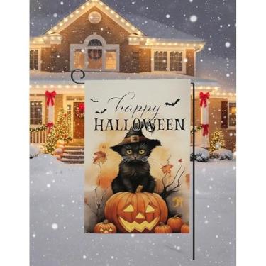 Imagem de Feliz Dia das Bruxas, bandeira de jardim de gato, 30 x 45 cm, dupla face, decoração de jardim de serapilheira de abóbora e lanterna, bandeira de varanda de outono ao ar livre, decorações de férias