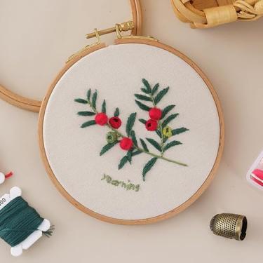 Imagem de 1 kit de bordado para iniciantes – Presente de artesanato de bordado DIY com padrões pré-estampados, argola, agulhas, fios e instruções, Taxus