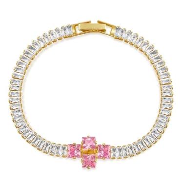 Imagem de Pulseiras de elos cruzados de strass rosa grosso dourado para mulheres, joias modernas e delicadas de cristal de zircônia cúbica para presente.