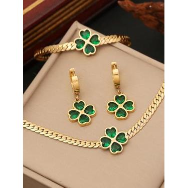 Imagem de Colar com pingente de zircão de trevo verde, pulseira e brincos de argola, conjunto de joias vintage, pingente de orelha, corrente de clavícula romântica, estilo retrô, banquete, acessórios de noiva