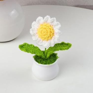 Imagem de Vaso de flores de crochê, feito à mão, de malha, adorável, decoração de suporte sentimental para amigos, professores, senhoras, colegas - estames amarelos com bordas brancas