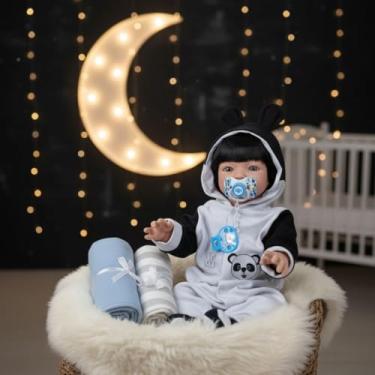 Imagem de Mamãe Reborn, Bebe Reborn Menino 100% Silicone Boneco Original Panda Cabelos Pretos Olhos Azuis