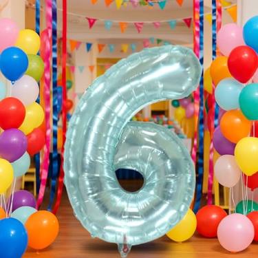 Imagem de Balão azul número 6 de 101 cm para decoração de aniversário de 6 anos, balões autoinfláveis com número de folha de creme de 0 a 9, balão de hélio de areia branca para meninos, meninas, mulheres