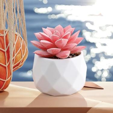 Imagem de Mini suculentas artificiais em vasos - rosa rosa, plantas pequenas suculentas falsas de Natal para decoração de casa, interior para mulheres, suculentas falsas de cerâmica branca, presentes para a