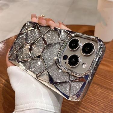 Imagem de Capa para iphone 15 14 13 12 11 pro max plus glitter 3d cubo diamante mármore macio tpu capa, prata, para iphone 13 promax