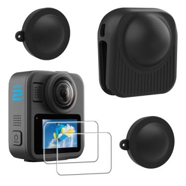 Imagem de FiTSTILL [Pacote com 2 protetores de tela e tampa de lente de borracha e 1 peça de capa de proteção de lente com tudo incluído, apenas para Go Pro MAX2, vidro temperado LCD resistente a arranhões, kit