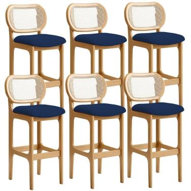 Imagem de Kit 06 Banquetas Altas Para Cozinha Bancada Sala Tela Betta Fixa L02 Suede Azul Marinho - Lyam