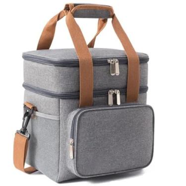 Imagem de Bolsa Térmica 2 Compartimentos Impermeável com Alça Ajustável – Lancheira Térmica para Marmita, Trabalho, Escola e Viagem – Prova de Vazamentos e Isolamento Premium (Cinza)