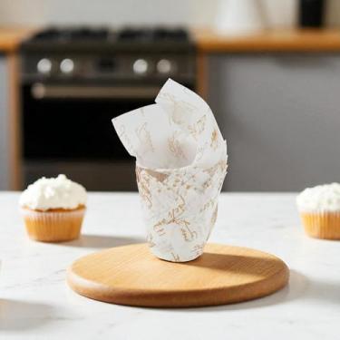 Imagem de Generic 50 peças de forros de cupcake letras de veleiro impressas em forma de chama, copos descartáveis para assar, papel à prova de graxa, amarelo e branco, 5 x 8 cm