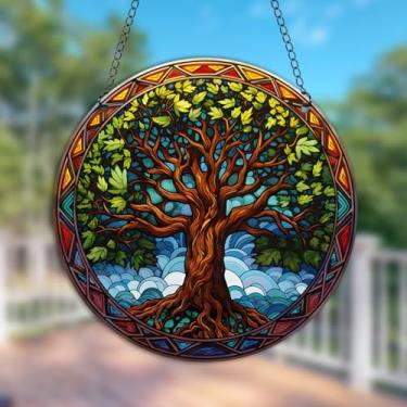 Imagem de Decoração de parede árvore da vida, placa de boas-vindas de madeira para porta da frente de casa, cabide de janela para sala de estar de fazenda (verde)