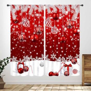 Imagem de Cortinas de Natal para sala de estar, abeto de inverno, bolas coloridas de Natal, Feliz Ano Novo, decoração de janela vermelha para quarto, sala de estar, cozinha, banheiro, 2 painéis, 106 x 150 cm