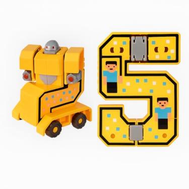 Imagem de Número 5 Transformável em Robô, Brinquedo Educativo de Montar, Amarelo e Cinza, Material ABS, 10x9cm, com Rodas, para Crianças Acima de 3 Anos