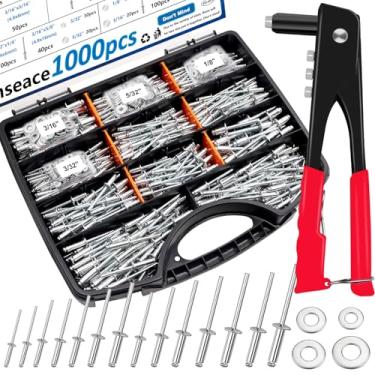 Imagem de smseace Kit de pistola de rebite pop 1001 peças, rebites, arruelas e rebites embalados em caixa de ferramentas portátil com etiqueta colorida para metal, móveis, automotivo, instrumentos