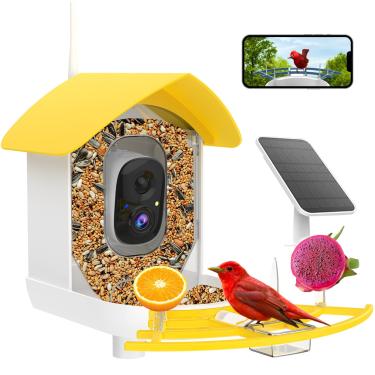 Imagem de Alimentador inteligente de pássaros com câmera, identificação de IA de pássaros, detecção de movimento com aviso em tempo real, câmera de pássaros FHD WiFi, captura automática, carregamento externo