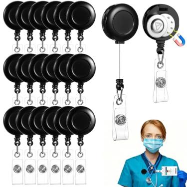 Imagem de Dimeho Pacote com 20 Carretel magnético retrátil preto para crachá de identificação, porta-crachás, clipes de acrílico, porta-chaves de cartão de identificação a granel com cordão para camisa