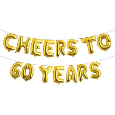 Imagem de Cheers to 60 Years Banner Foil 60º aniversário balão decorações de festa para ele/ela 60 anos decorações de aniversário suprimentos de festa de casamento para homens/mulheres (CHEERS TO 60 ANOS OURO)