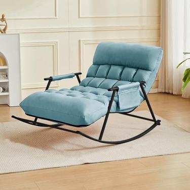 Imagem de Cadeira de balanço ajustável, cadeira de balanço acolchoada com encosto alto, cadeira de balanço dobrável, lounge moderno com moldura de ferro forte, bolso lateral portátil para sala de estar/cama