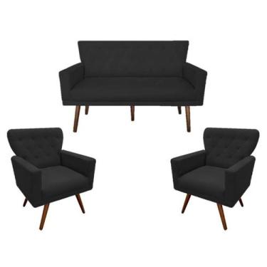 Imagem de Kit Namoradeira + 2 Poltronas Decorativa Aurora Suede Preto Pés Madeir
