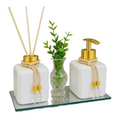 Imagem de Kit Lavabo Pet Vasinho Com Flor Bandeja Aromatizador e Saboneteira Luxo - Decoração Banheiro Moderno(Ouro)